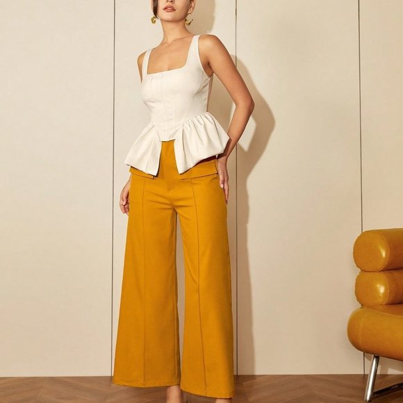 . Tops - Beige Preppy Womens Square Neck Asymmetrical Hem Top